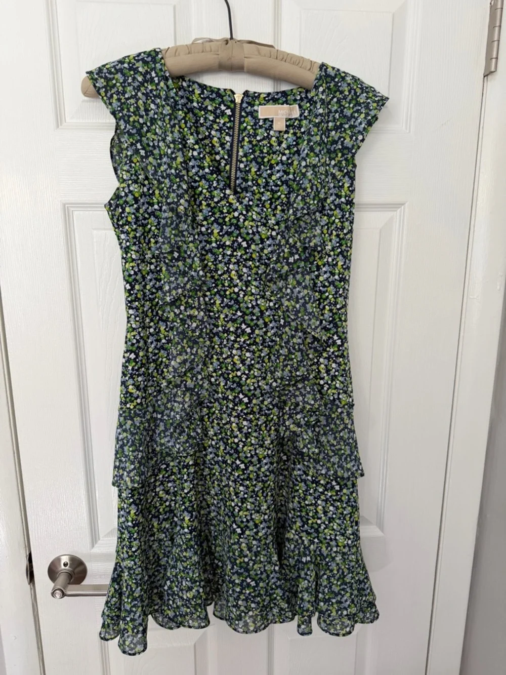 Michael Kors Navy, Green and White Floral V‑Neck Ruffle Mini Dress